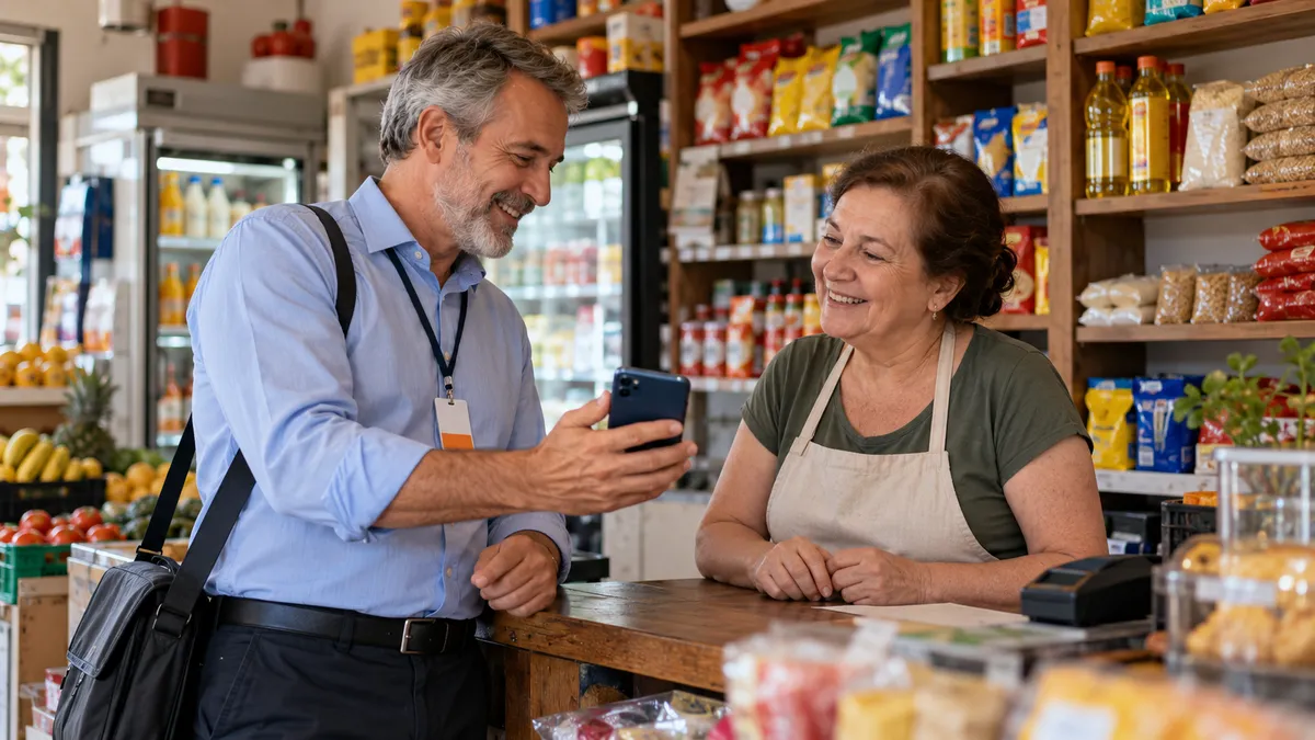 Representante comercial atendendo a dona de um pequeno mercado de bairro