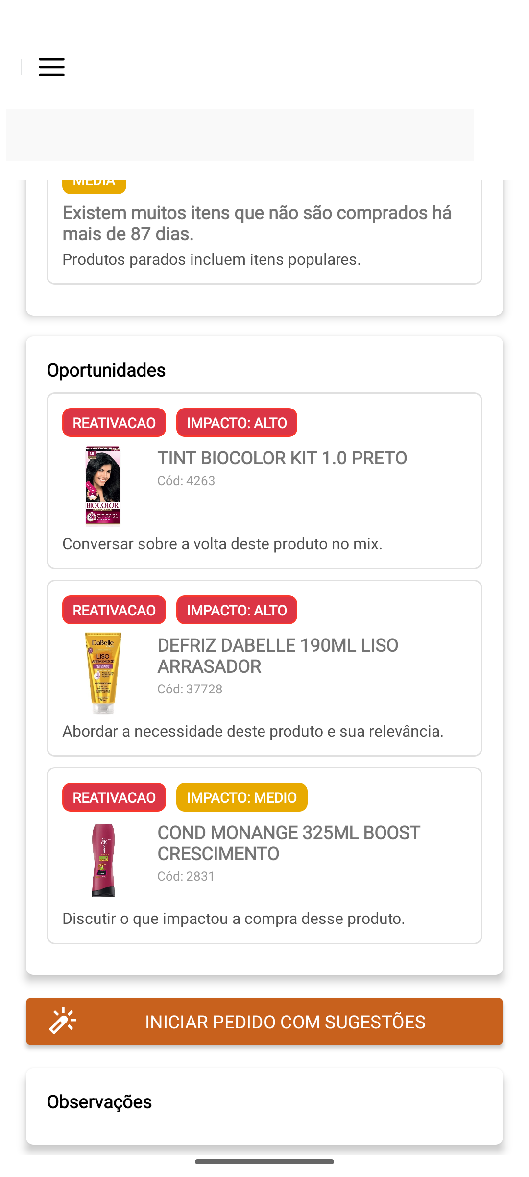 Tela do FBS Mobile mostrando botão iniciar pedido com sugestões da IA