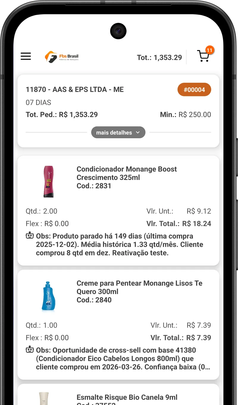 Tela do FBS Força de Vendas com o pedido sugerido pela IA: cada item traz o motivo da sugestão, como produto parado há 149 dias e oportunidade de cross-sell