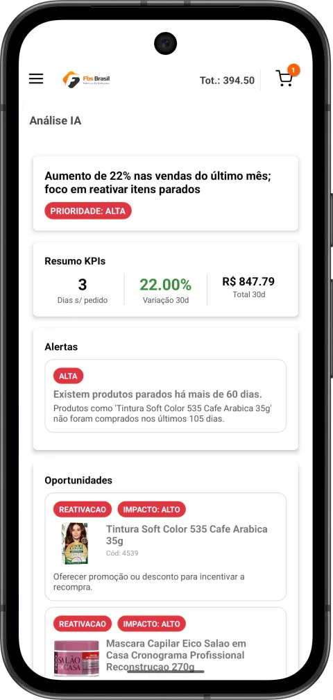 FBS Mobile — IA analisando cliente com alertas, KPIs e prioridade alta