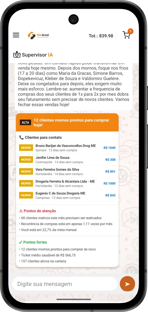 FBS Mobile — Supervisor IA listando clientes mornos prontos para comprar
