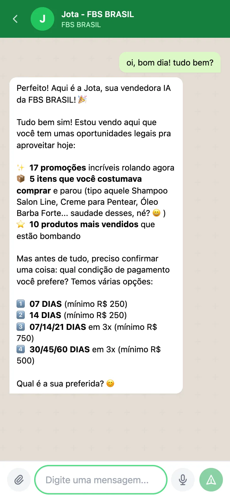 FBS Vendedor IA: conversa no WhatsApp com a vendedora IA oferecendo promoções, os itens que o cliente parou de comprar e os mais vendidos